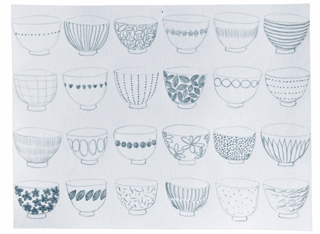 Dessins des bols en porcelaine de Martha Stahlkopf avec différents motifs blanc et bleu